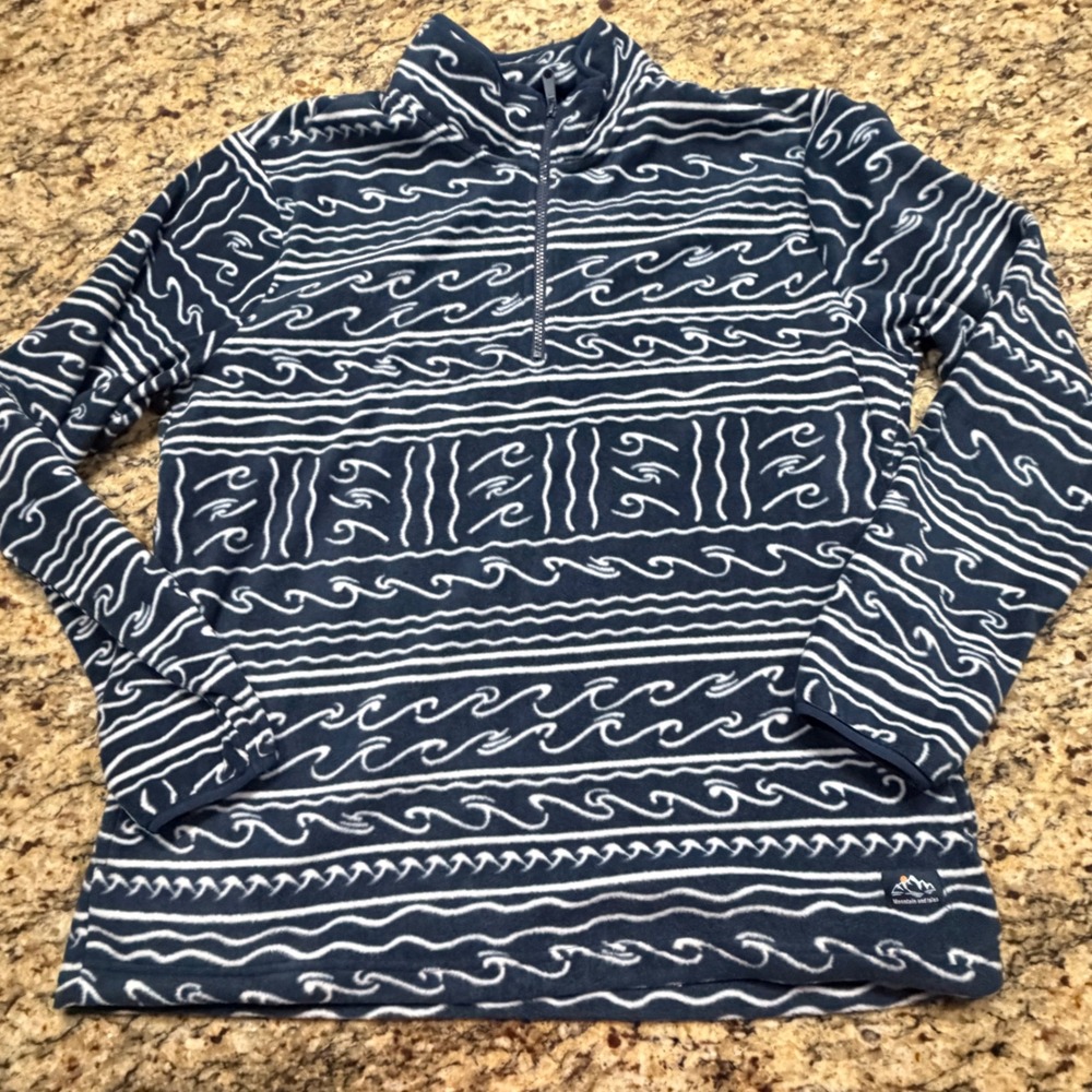 Mountain and Isles Women Blue White Wave Print Fleece Quarter Zip Pullover Large